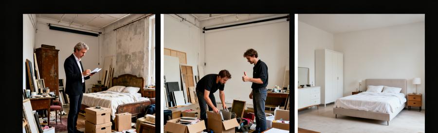 Débarras d'un studio pour un départ en maison de retraite, avec évaluation et vidage, montrant le processus de transformation.