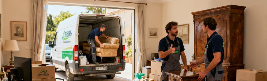 Équipe de débarras professionnels à Draguignan évaluant des objets dans un appartement de succession, respect et sérieux.