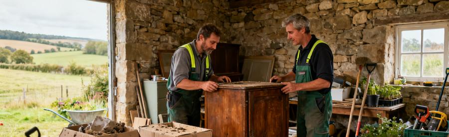 Débarras professionnel dans un corps de ferme ornais avec des hommes évaluant vieux meubles et cartons.