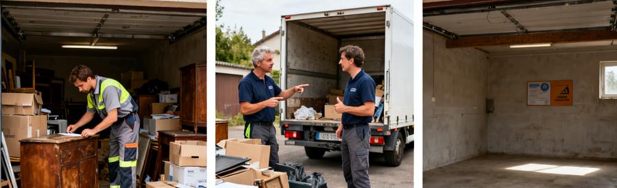 Professionnels du débarras à Forbach inspectant et nettoyant un garage encombré, montrant un processus efficace avant/après.