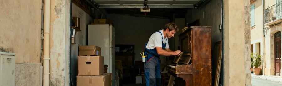 Professionnel du débarras inspectant des objets dans un garage étroit à Istres.