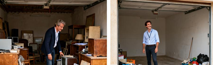 Scène de débarras à Martigues montrant un garage avant et après le nettoyage, avec un professionnel satisfait.