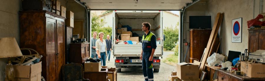 Un garage à Mont-de-Marsan encombré de vieux meubles et cartons, avec un débarras professionnel en action.