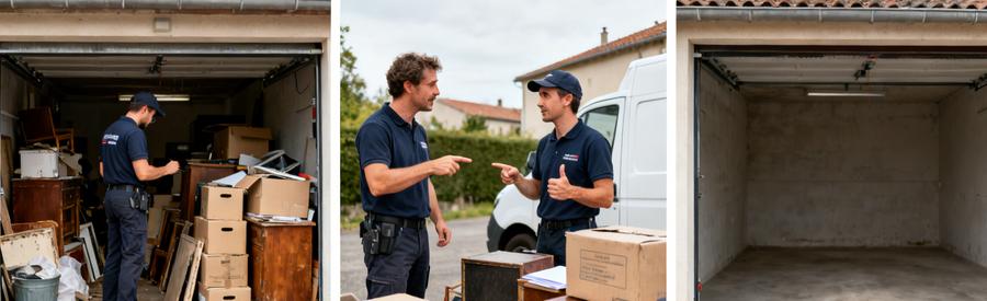 Professionnels du débarras dans un garage à Saint-Chamond, en pleine évaluation et tri d'objets avant et après le nettoyage.