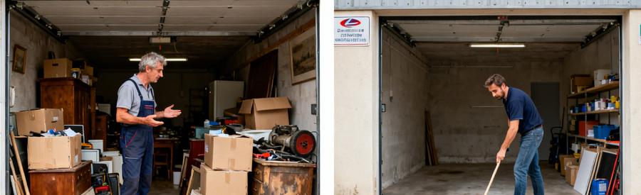 Évaluateur dans un garage encombré à Saint-Pierre-des-Corps, suivi d'un garage vidé et rangé.