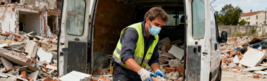Un débarras professionnel en action, chargement de gravats de construction dans un camion.