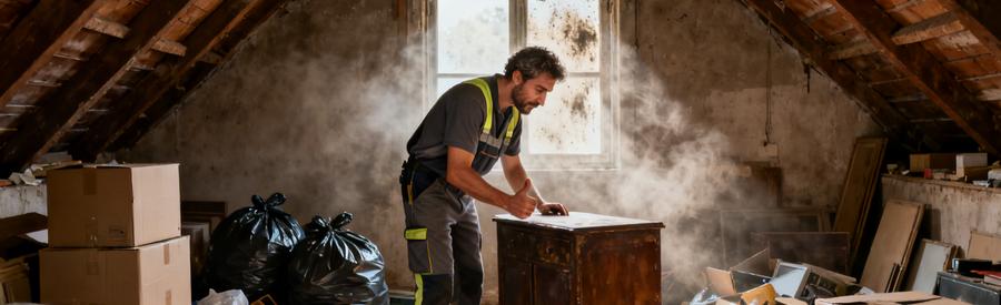 Professionnel évaluant un meuble dans un grenier encombré à Castelnaudary, prêt pour débarras et recyclage.