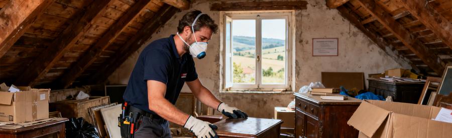 Un professionnel en débarras évalue des meubles dans un grenier d'une maison landaise, illustrant son expertise.