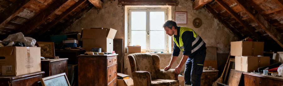 Un professionnel examine un grenier encombré à Rodez, prêt à débuter un débarras de meubles et objets divers.