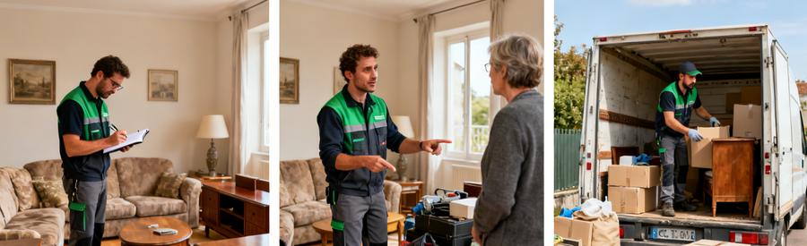 Trois scènes illustrent le processus de comparaison des débarras à Guéret : évaluation, discussion, chargement dans un camion.