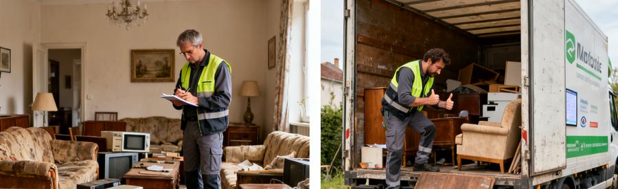 Un débarras à Hénin-Beaumont illustrant l'évaluation d'objets et le chargement de meubles dans un camion.