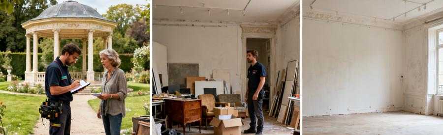 Professionnels du débarras à Houilles évaluant un pavillon et un studio avant d'effectuer le débarras.