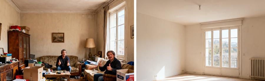 Avant et après le débarras d'une salle de séjour à La Roche-sur-Yon, montrant un espace encombré et vidé.