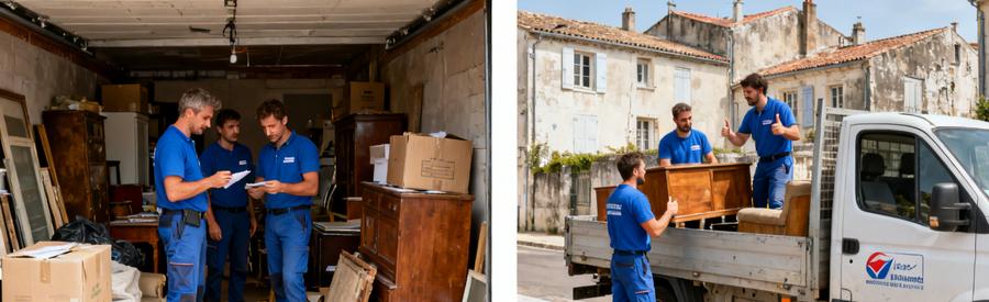 Débarras à La Rochelle, professionnels évaluant des objets encombrants dans un garage, puis chargeant une camionnette.