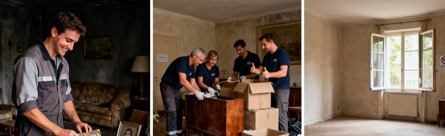 Professionnels du débarras à La Seyne-sur-Mer triant des souvenirs dans un logement après décès, montrant leur expertise et empathie.