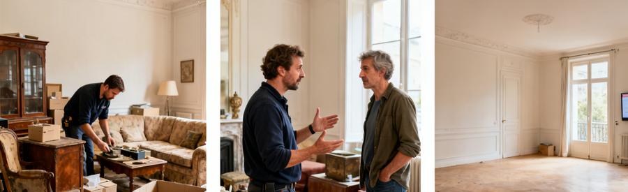 Débarras à Lanester avec évaluation des objets à récupérer et salon vide après débarras.