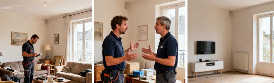 Professionnels évaluant un salon encombré à Lannion, avant, pendant et après le débarras, montrant le processus de tri et d'évacuation.
