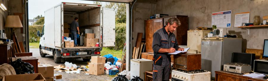 Un débarras professionnel à Lannion, un expert évalue des objets dans un garage encombré avant le chargement.