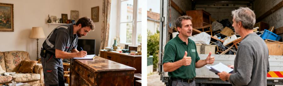 Professionnel évaluant des objets dans un salon et conversant avec un client devant un camion de débarras.