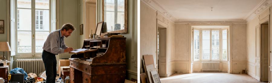 Professionnel évaluant des meubles dans un logement à Dieppe, à gauche ; chambre vide et épurée après le débarras à droite.