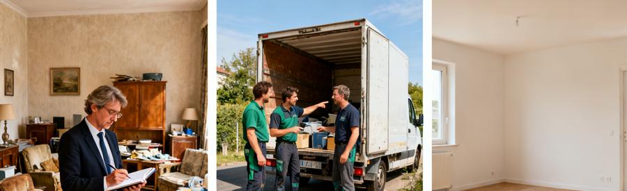 Professionnels du débarras à Lons-le-Saunier triant des meubles, conversations et espace vide après évacuation.