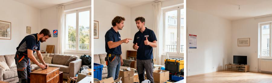 Professionnels évaluant des meubles à débarrasser dans un salon, suivi d'un espace vidé et rangé.