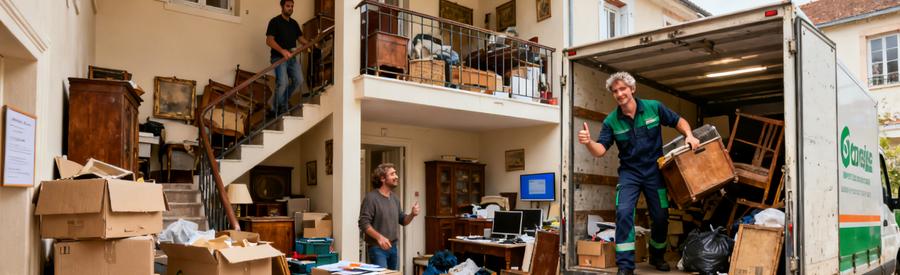 Débarras professionnel dans une maison à trois niveaux, montrant efficacité et gain de temps.