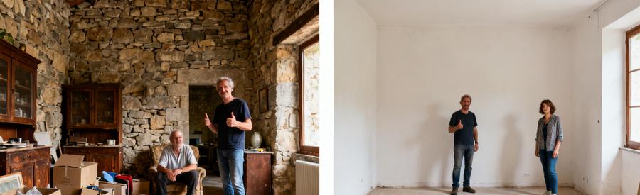 Débarras d'une maison de village en Haute-Saône, avant et après, montrant le salon vidé.