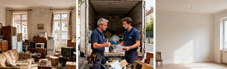 Débarras d'une maison à Tarbes montrant l'évolution d'un salon encombré à un salon dégagé par des professionnels.