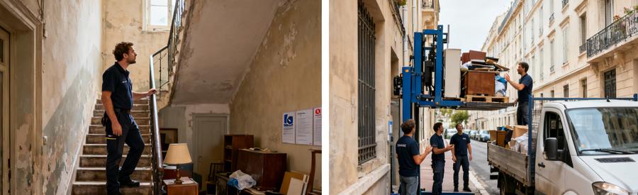 Professionnels gérant les défis d'un débarras à Marseille 10, entre appartements étroits et logistique d'évacuation.