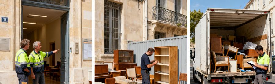 Professionnels du débarras à Marseille 11e discutant et triant objets dans un immeuble, mettant en avant des meubles anciens.