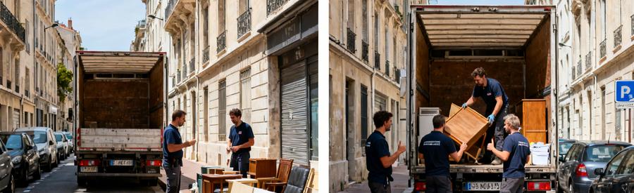 Équipe de débarras à Marseille 6ème, évaluant et chargeant des objets dans un camion-benne en milieu urbain.