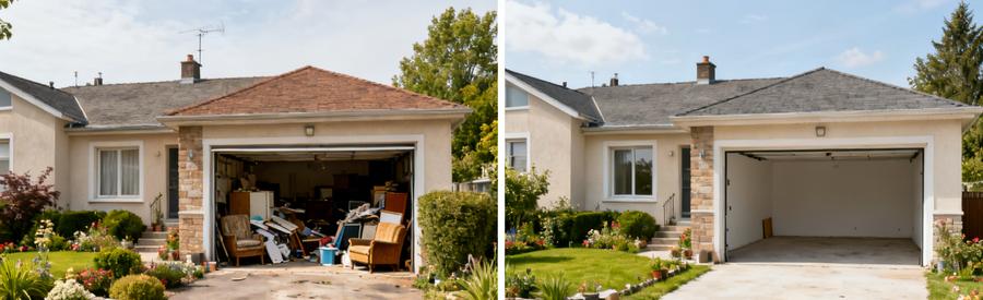 Quartier résidentiel de Saint-Jérôme à Marseille, avant et après un débarras professionnel, montrant garage encombré puis vidé.