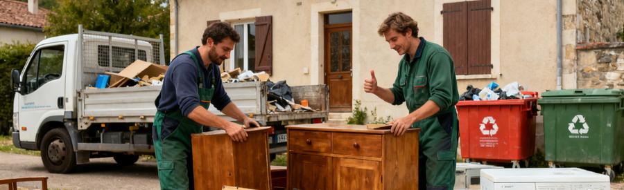 Professionnels du débarras à Mende triant des objets pour recyclage, devant un camion et des bacs de collecte.