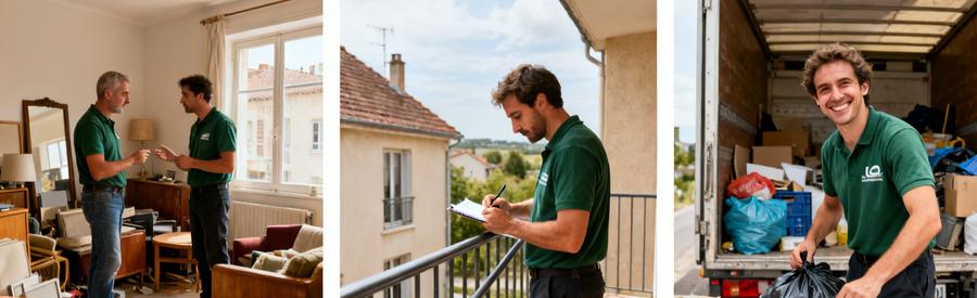 Professionnels du débarras à Mérignac évaluant des objets, examinant l'accessibilité et chargeant un camion de manière efficace.