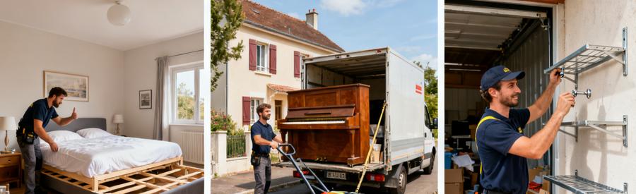Professionnels du débarras s'attaquant à un piano, un lit king-size et une étagère métallique pour un débarras efficace.