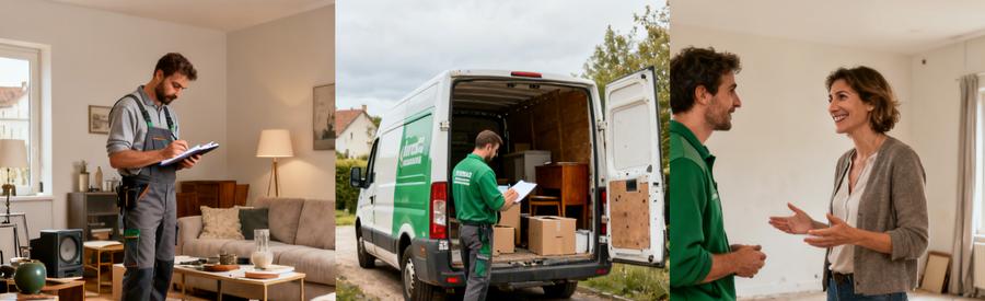 Processus de débarras à Montivilliers en 3 étapes avec des professionnels en action et un client satisfait.