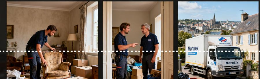 Professionnels évaluant des meubles anciens et accessoires pour débarras à Morlaix, montrant différentes étapes du processus.