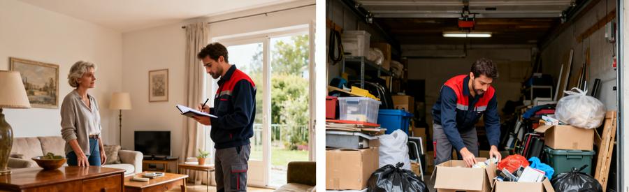 Un professionnel évalue des meubles dans un salon à Niort et trie des éléments dans un garage, illustrant le processus de débarras.