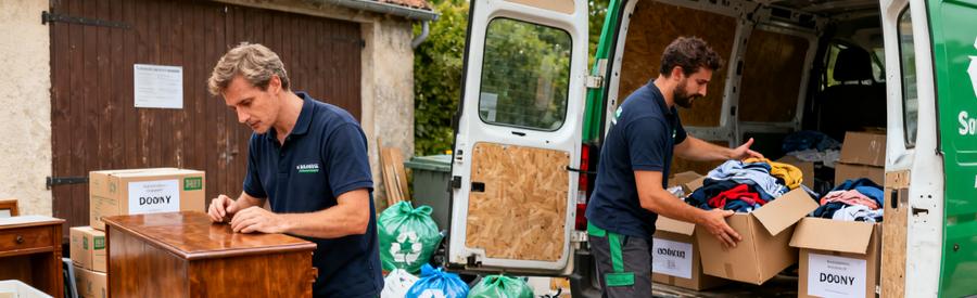 Professionnels triant des objets lors d'un débarras responsable dans la Somme, avec recyclage.