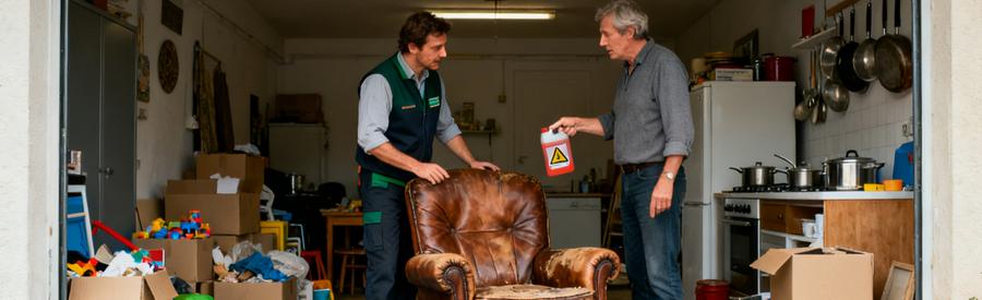 Un professionnel du débarras examine des objets encombrants et dangereux dans un garage, aidant un client à trier.