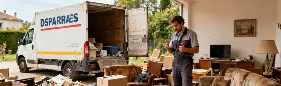 Professionnel du débarras évaluant un salon encombré à Olivet, contrastant l'efficacité d'un débarrasseur.