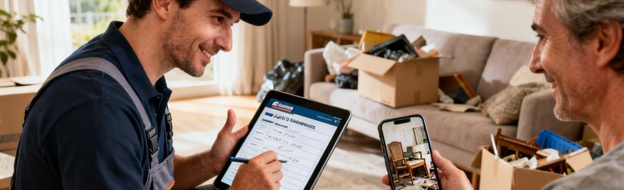 Un professionnel aide un client à remplir un formulaire de débarras dans un salon avec des cartons visibles.