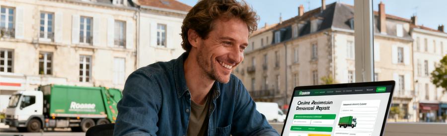 Personne souriante comparant des offres de débarras en ligne avec Roanne en arrière-plan.