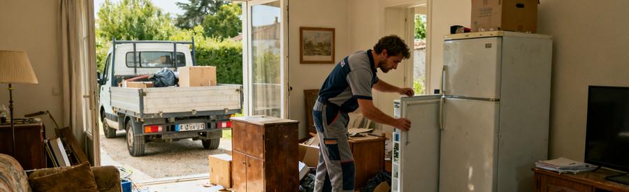 Professionnel du débarras évaluant des objets dans un salon encombré à Saint-Cyr-sur-Loire.