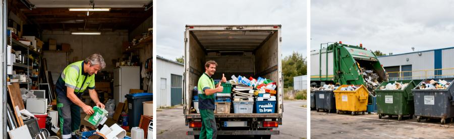 Professionnel du débarras triant des objets pour le recyclage à Saint-Herblain, avec infrastructures de valorisation en arrière-plan.