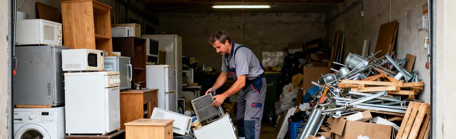 Un professionnel de débarras trie des meubles et matériaux dans un garage à Saint-Martin-d'Hères, illustrant le tri et le recyclage.