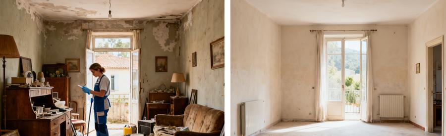 Débarrasseur évaluant des objets dans un pavillon à Saint-Orens-de-Gameville, puis le même espace vide et propre.