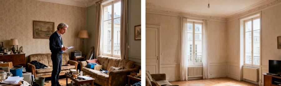 Avant et après le débarras d'un salon à Amiens, montrant le processus de transformation d'un espace encombré en un lieu épuré.