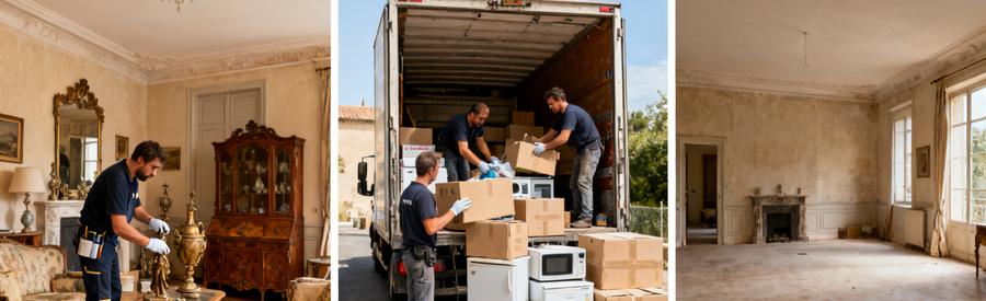 Débarrasseur inspectant des meubles anciens, équipe chargeant un camion et salon vide à Salon-de-Provence.